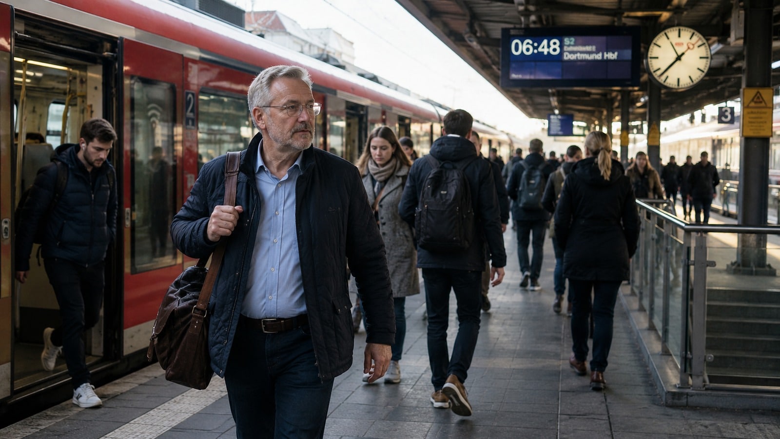 Älterer Berufspendler verlässt am frühen Morgen mit anderen Beschäftigten einen Zug