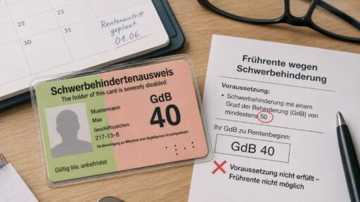 Schwerbehindertenausweis mit GdB 40 neben Hinweis, dass für die frühe Rente ein GdB von mindestens 50 erforderlich ist.