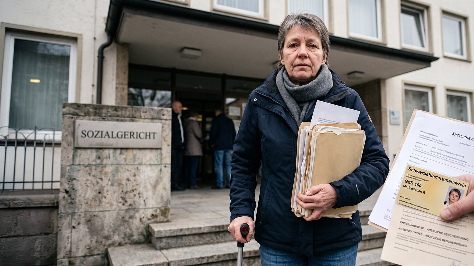 Frau mit Gehhilfe und Akten unter dem Arm verlässt wütend das Gerichtsgebäude des Sozialgerichts