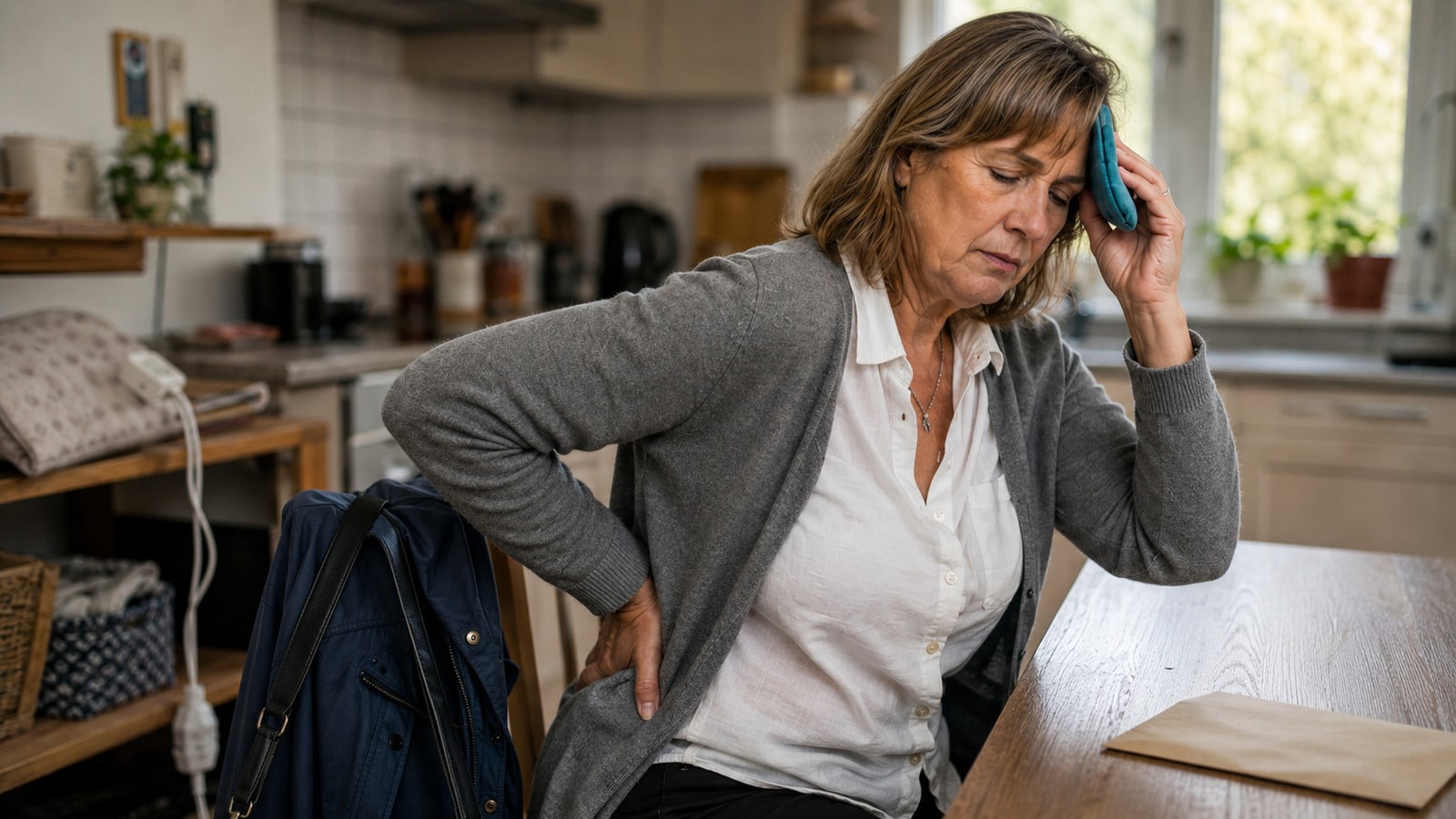 Frau mit Migräne und Rückenbeschwerden in ihrer Wohnung nach der Arbeit