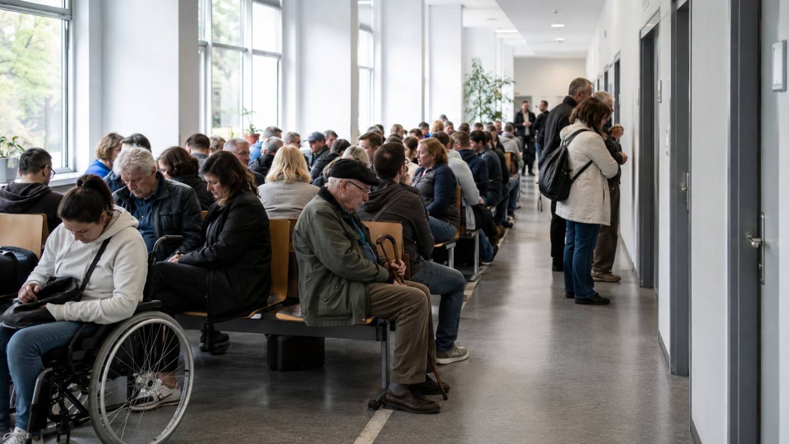 Überfüllter Wartesaal einer Behörde mit zahlreichen Antragstellern, darunter Menschen mit Rollstuhl und Gehstock.