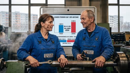 Ältere Arbeiterin und Arbeiter im Metallbetrieb in Ostdeutschland vor einer Infografik zum Gender Pension Gap mit 581 Euro Rentenlücke.
