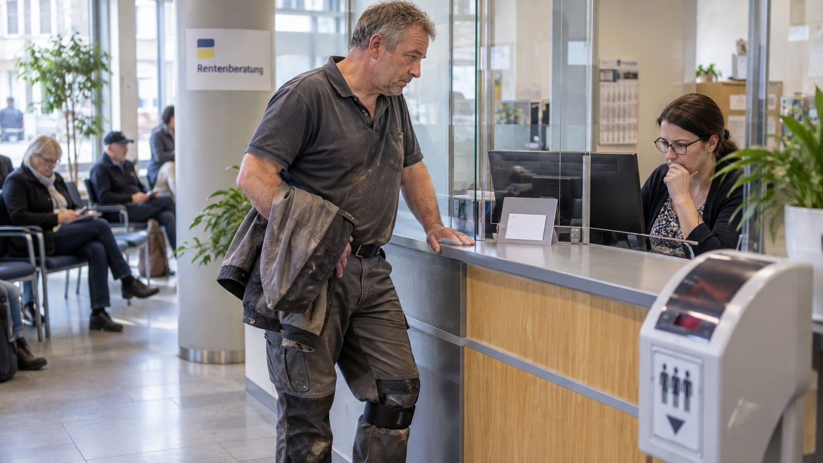 Beschäftigter in Arbeitskleidung bei einer Rentenberatungsstelle