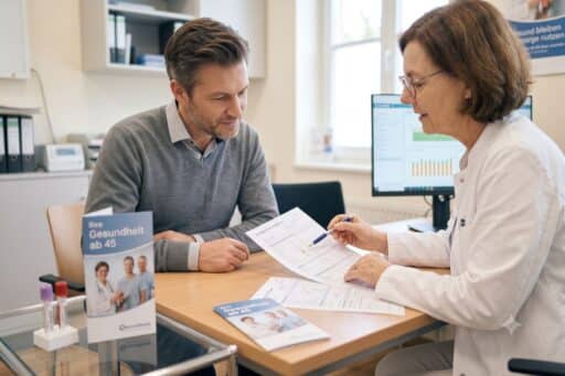 Mann Mitte 40 sitzt bei Ärztin und lässt sich im Rahmen eines Gesundheitschecks untersuchen