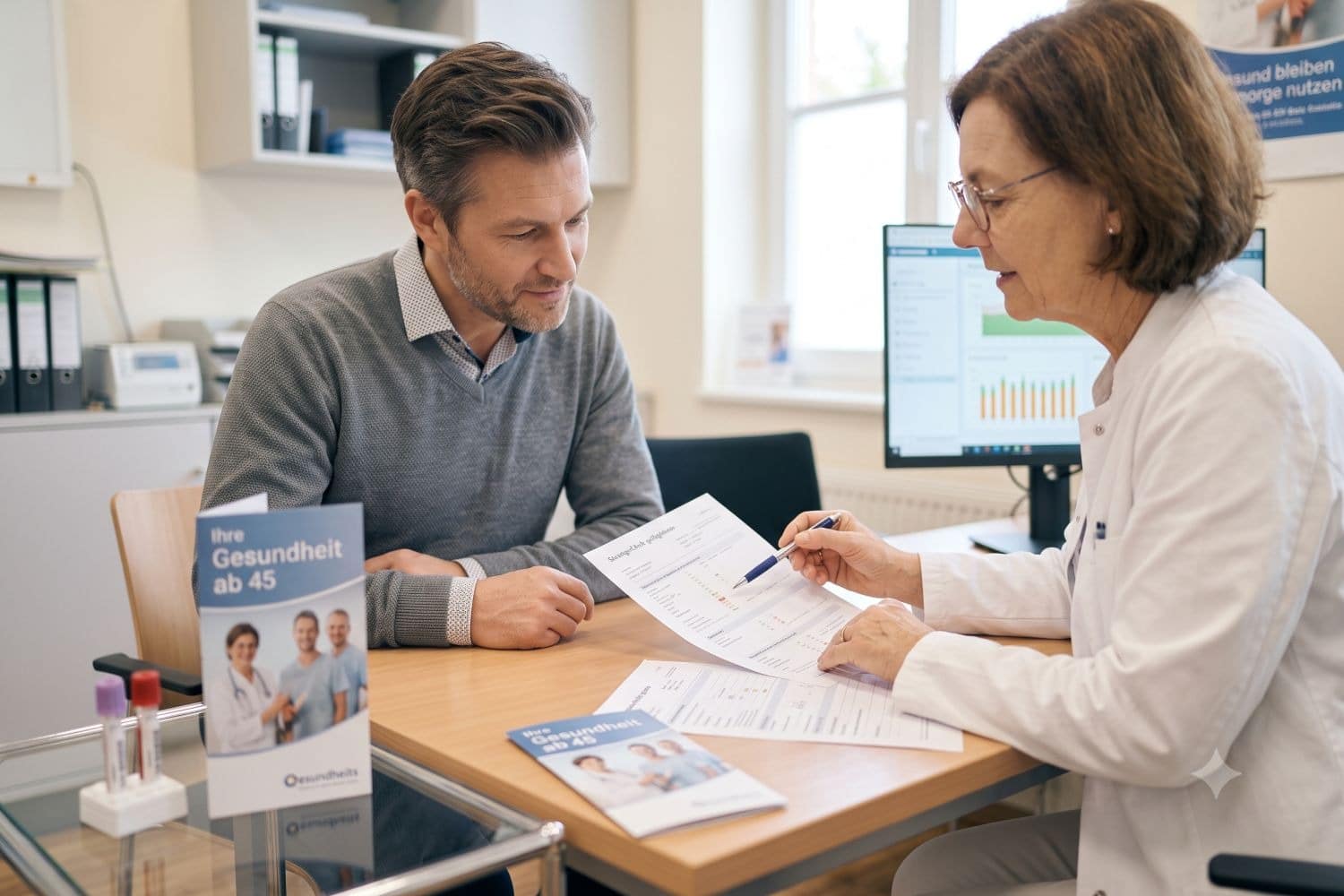 Mann Mitte 40 sitzt bei Ärztin und lässt sich im Rahmen eines Gesundheitschecks untersuchen