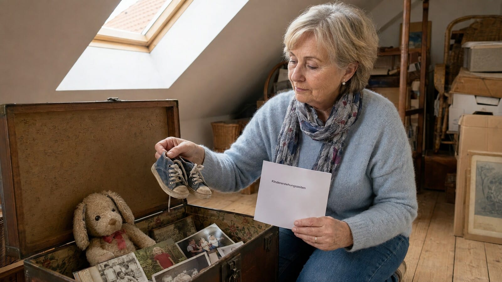 Rentnerin betrachtet alte Kindersachen neben einer Unterlage zu Kindererziehungszeiten