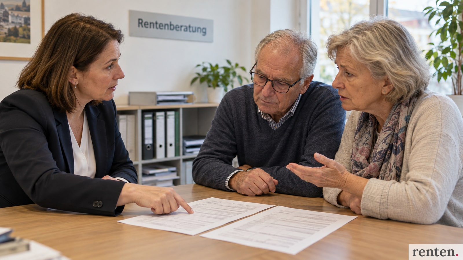 Rentnerehepaar bespricht Einkommensunterlagen mit einer Rentenberaterin.