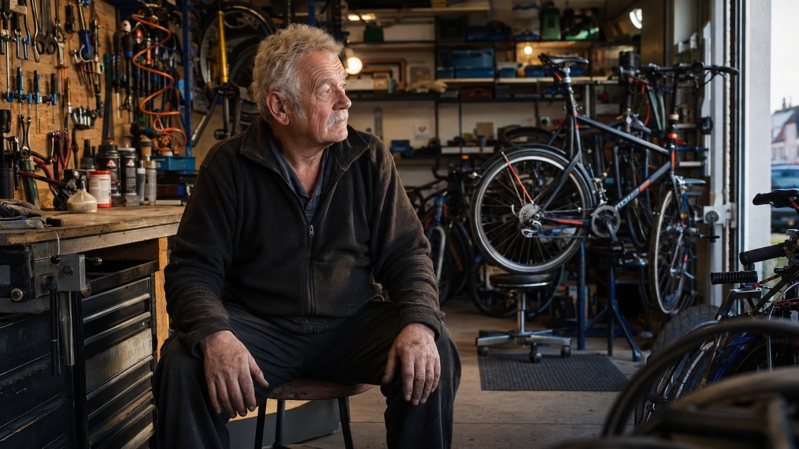 Älterer selbstständiger Handwerker sitzt nach Feierabend in seiner Fahrradwerkstatt und wirkt nachdenklich.