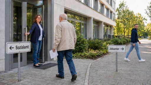 Mann folgt vor einem Verwaltungszentrum dem Wegweiser zum Sozialamt statt zum Jobcenter