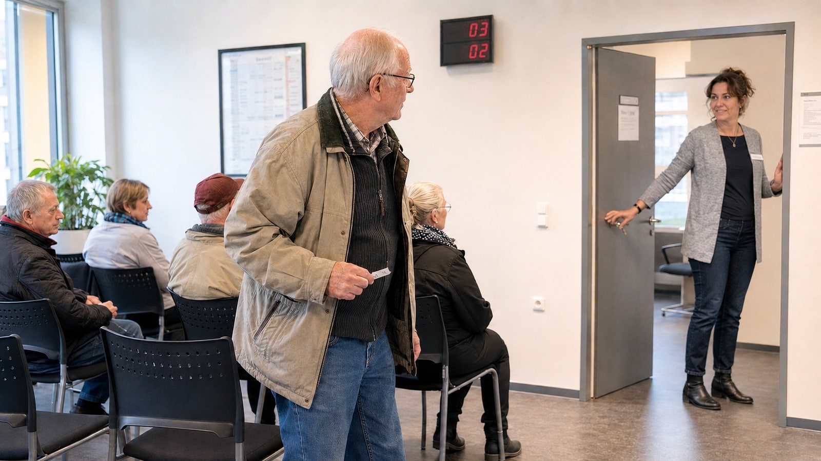 Rentner warten in einem Sozialamt auf die Bearbeitung ihrer Grundsicherung