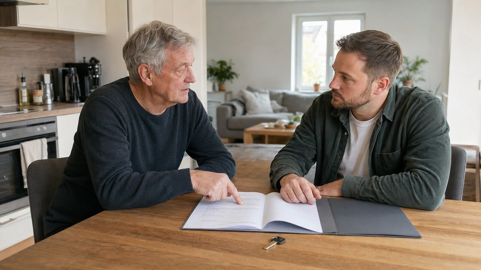 Älterer Mieter bespricht in einer Wohnung den Mietvertrag mit seinem erwachsenen Sohn