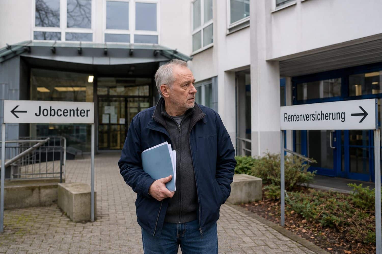 Ein älterer Grundsicherungsgeld-Empfänger mit Mappe unter dem Arm steht vor der Wahl zwischen Jobcenter und Rentenversicherung