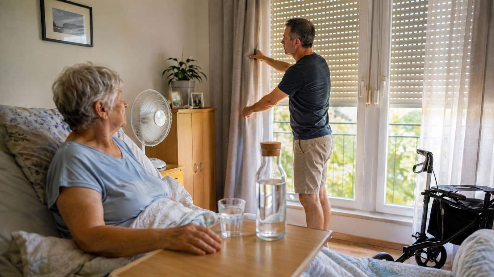 Beschattete Wohnung mit Rollator, Wasser und Ventilator während einer sommerlichen Hitzewelle