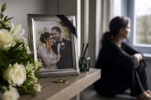 Junge Witwe blickt aus dem Fenster und trauert um Ehemann – im Vordergrund steht ein Hochzeitsfoto mit einer schwarzen Scherpe
