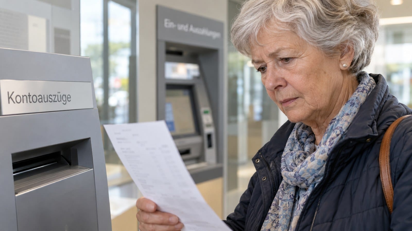 Rentnerin prüft ihren Kontoauszug in einer Bank