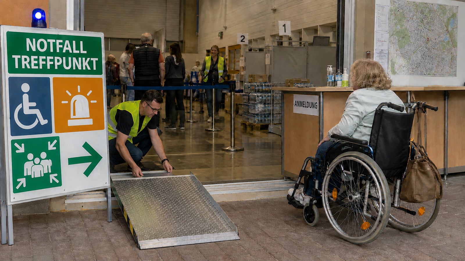 Rollstuhlfahrerin wartet vor der Rampe eines kommunalen Notfalltreffpunkts