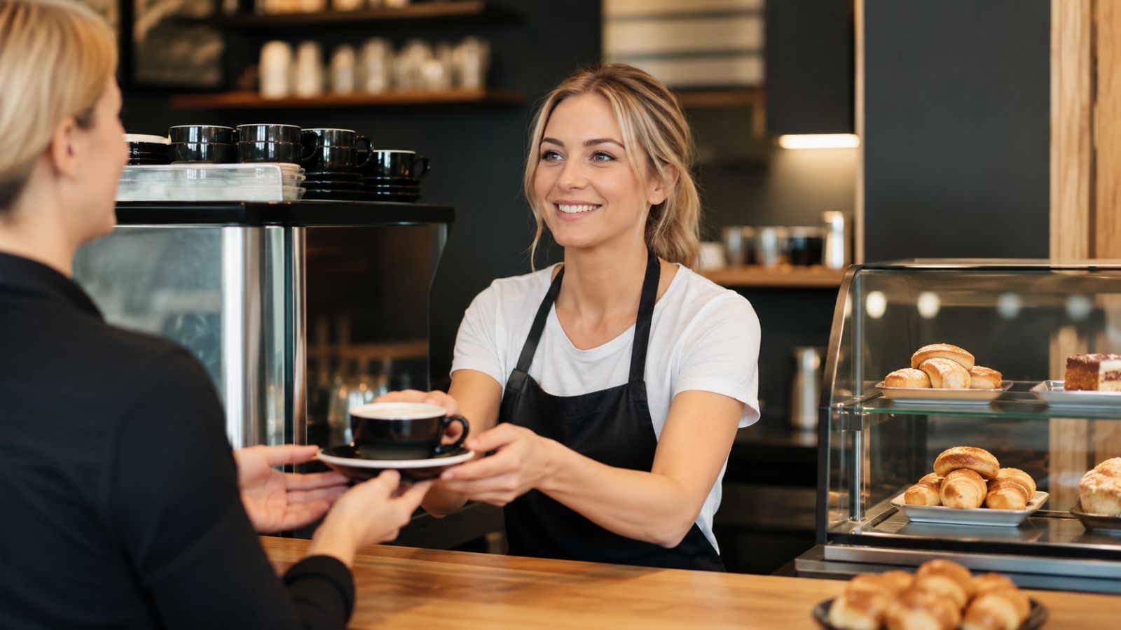 Kellnerin im Café überreicht einen Kaffee über den Tresen
