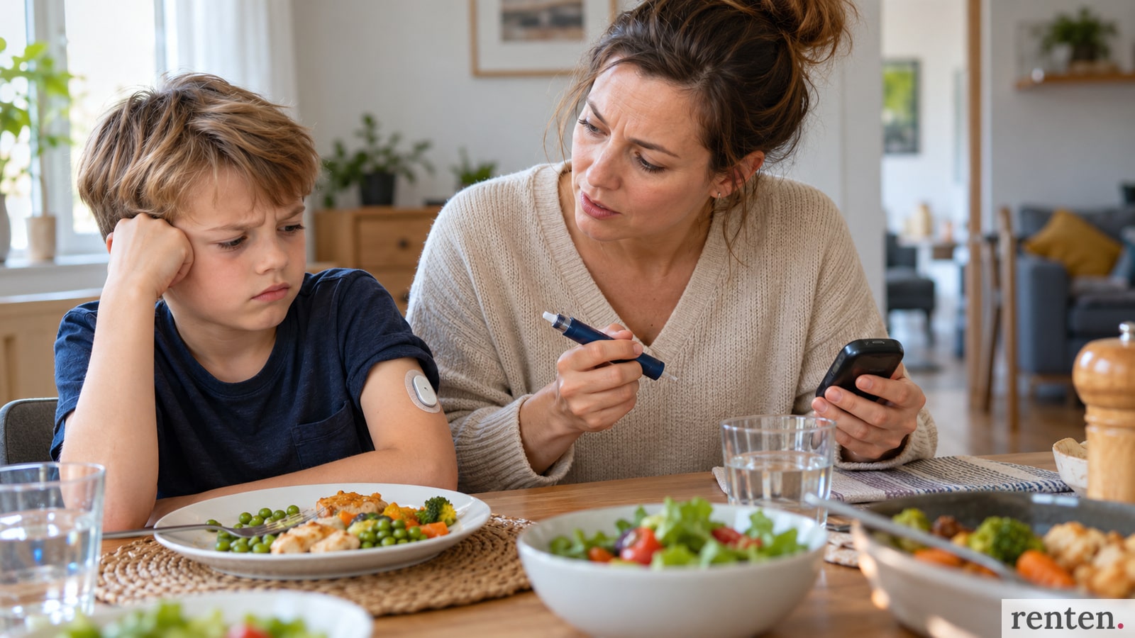 Junge mit Glukosesensor verweigert sein Essen, während seine Mutter Insulinpen und Messgerät bereithält.