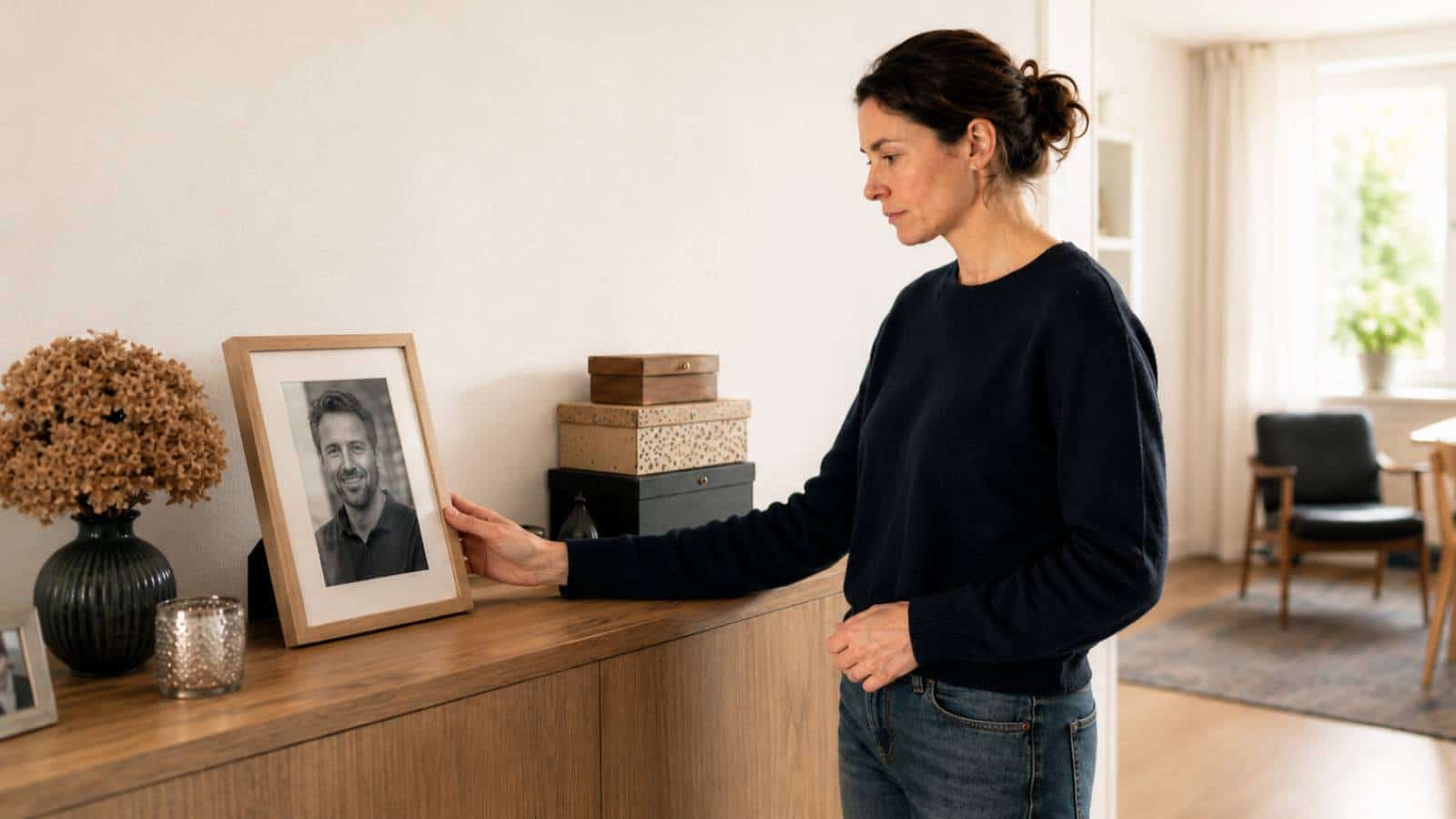 Eine junge Witwe steht vor dem Foto ihres Ehemannes und trauert