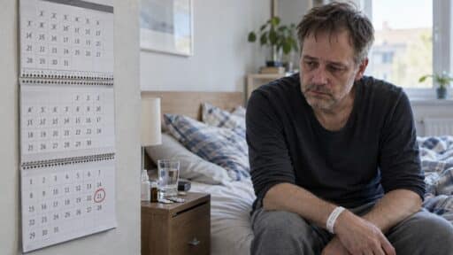 Länger erkrankter Mann sitzt neben einem Kalender mit ablaufender Frist auf der Bettkante