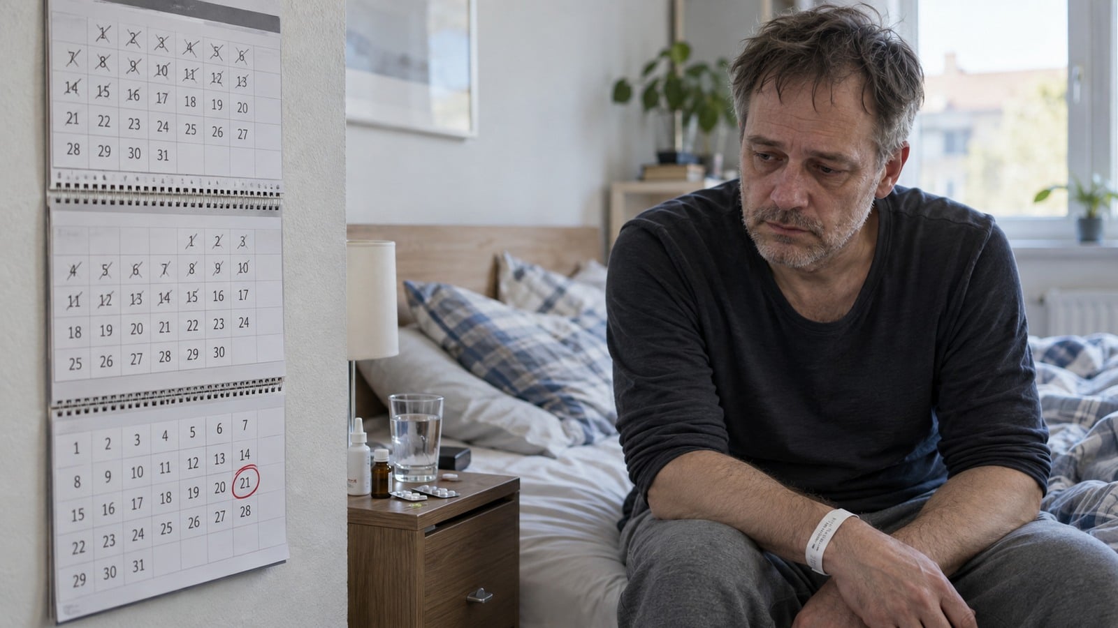 Länger erkrankter Mann sitzt neben einem Kalender mit ablaufender Frist auf der Bettkante