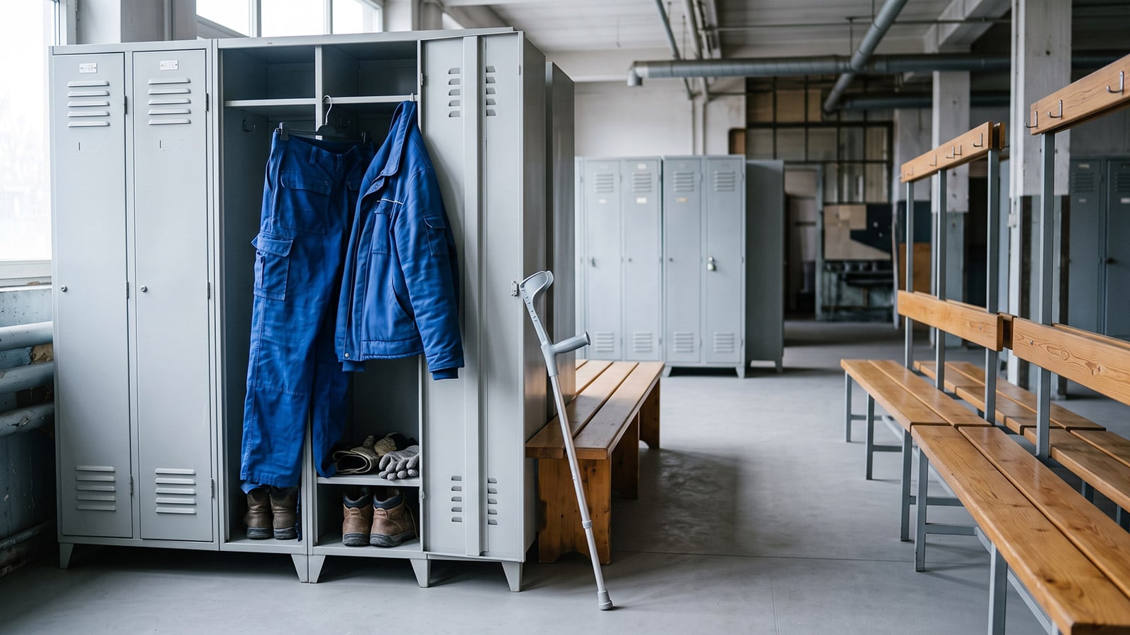 Arbeitskleidung und Gehhilfe in einer Umkleide als Symbol für Krankengeld und teilweise EM-Rente