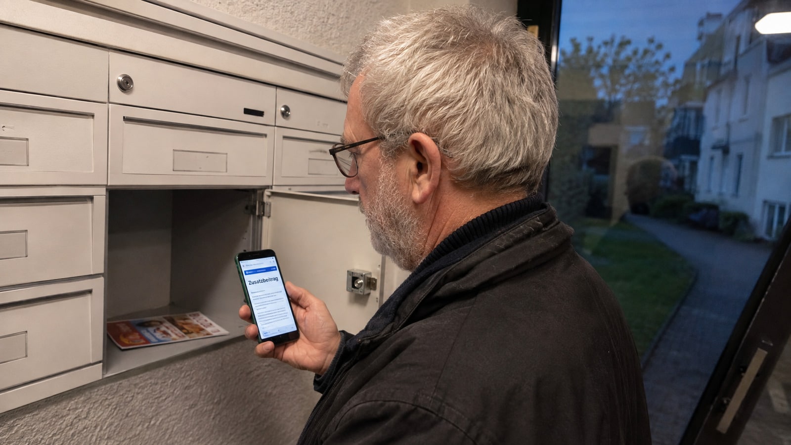 Rentner prüft den Zusatzbeitrag seiner Krankenkasse am geöffneten Briefkasten per Smartphone