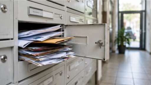 Überfüllter Briefkasten in einem Mehrfamilienhaus