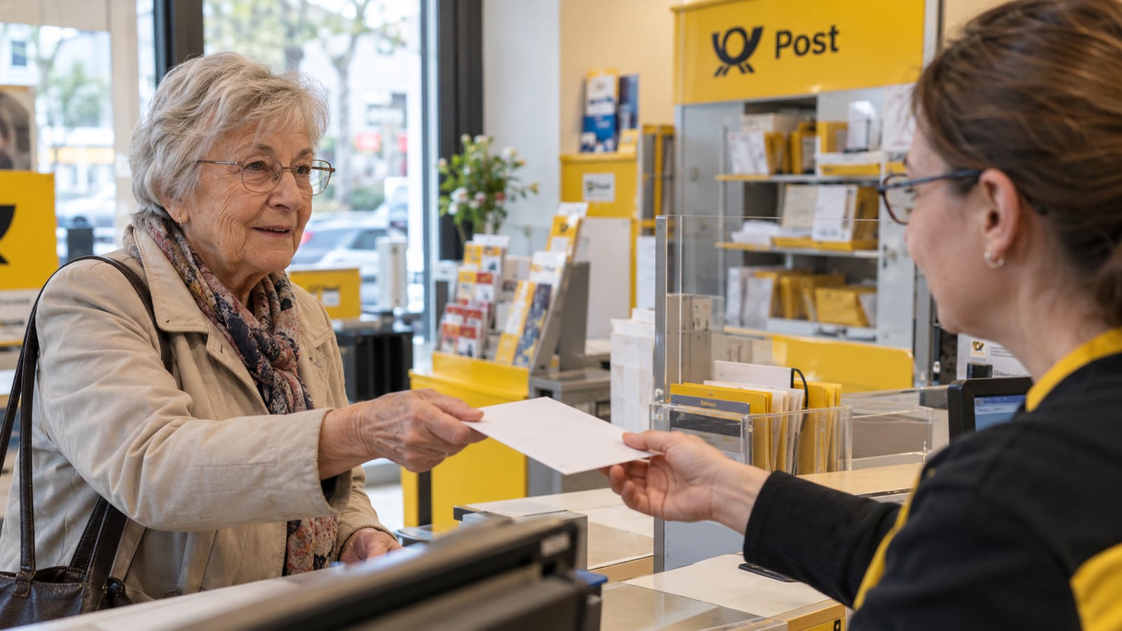 Ältere Frau gibt einen Brief am Postschalter ab