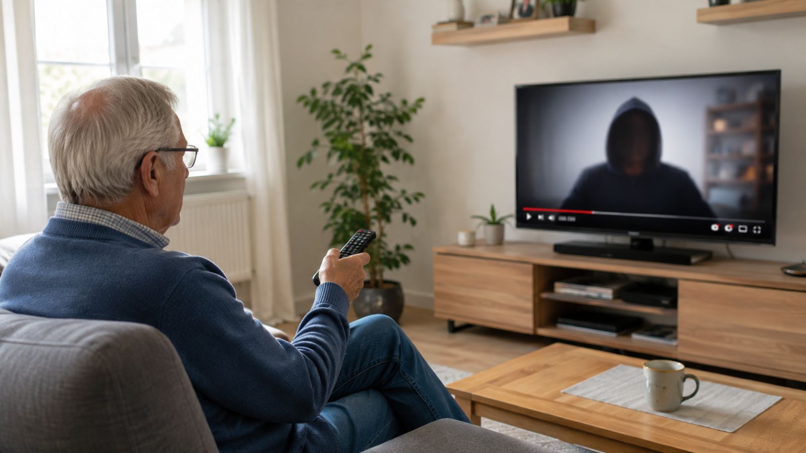 Mann im Ruhestandsalter schaut zu Hause ein dubioses Onlinevideo auf dem Fernseher – die DRV warnt vor falschen Lebensnachweis-Behauptungen.