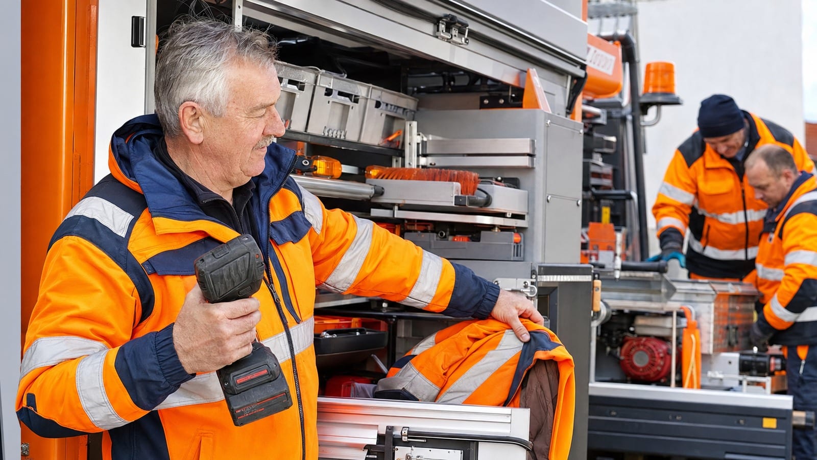 Ein Mitarbeiter im rentennahen Alter sichert Werkzeug auf einem modernen kommunalen Servicefahrzeug.