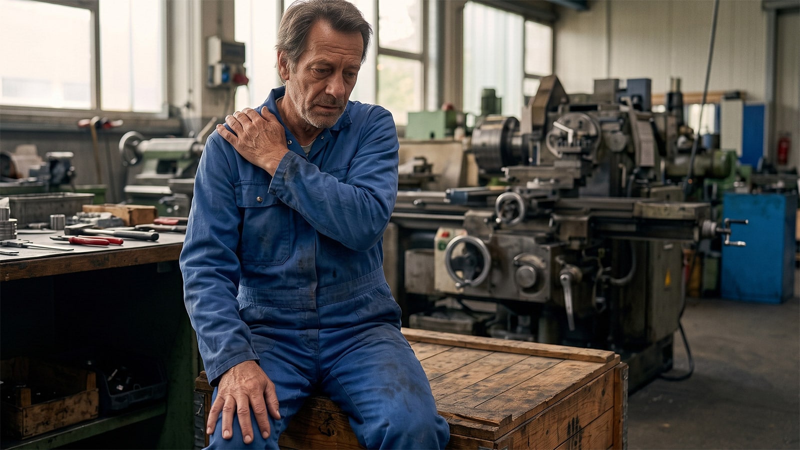 Etwa 60 jähriger Mann im Blaumann mit Schmerzen bei der Arbeit in der Werkstatt