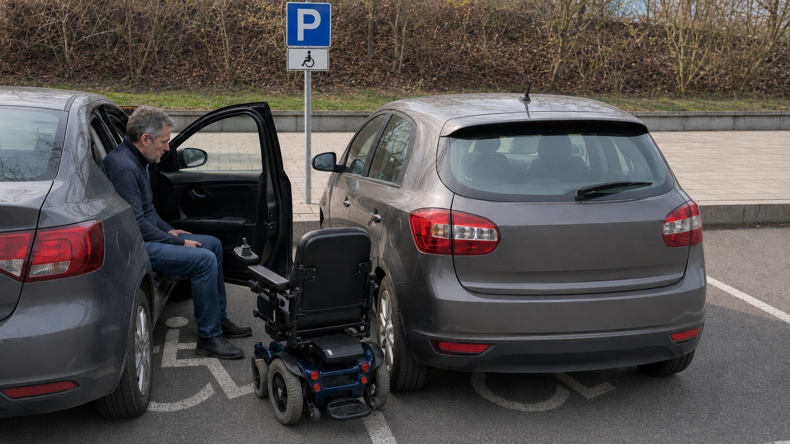 Ein Rollstuhlfahrer kann zwischen zwei Autos auf gekennzeichneten Behindertenparkplätzen nicht sicher in seinen Elektrorollstuhl wechseln.