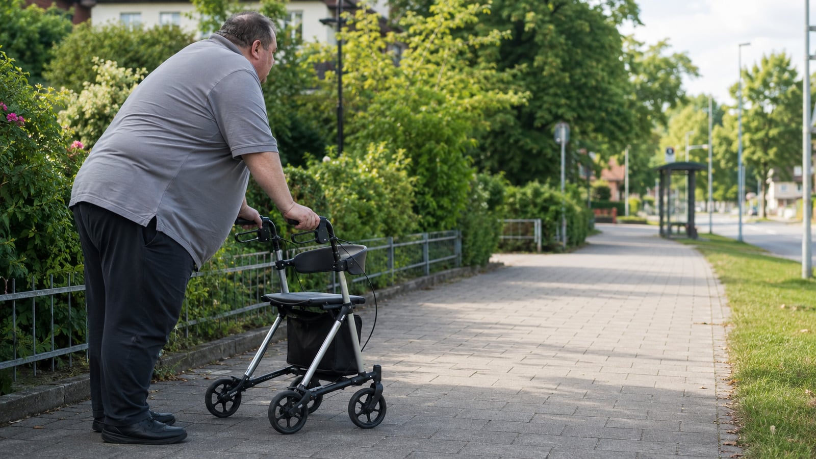 Ein stark übergewichtiger Mann muss auf dem Weg zur Bushaltestelle mit seinem Rollator eine Pause machen.