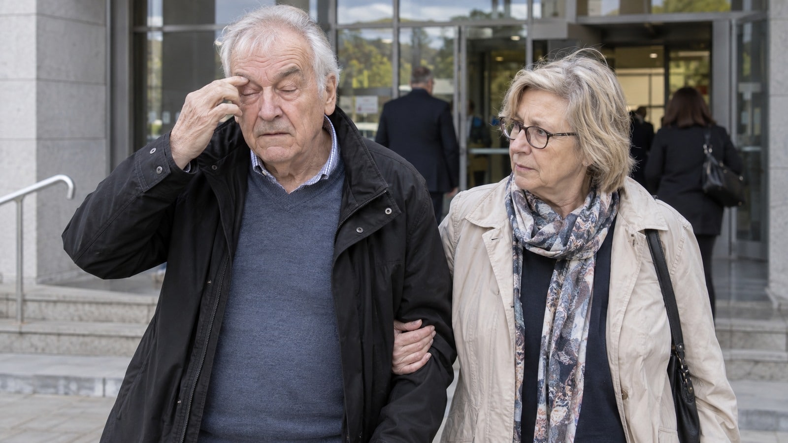Mann mit schwerem Augenlidkrampf wird vor einem Gerichtsgebäude von seiner Ehefrau begleitet
