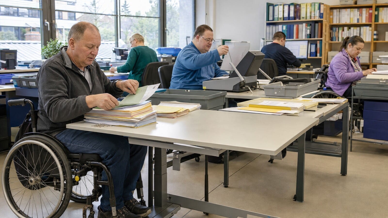 Beschäftigter einer Behindertenwerkstatt bereitet Dokumente für die Digitalisierung vor