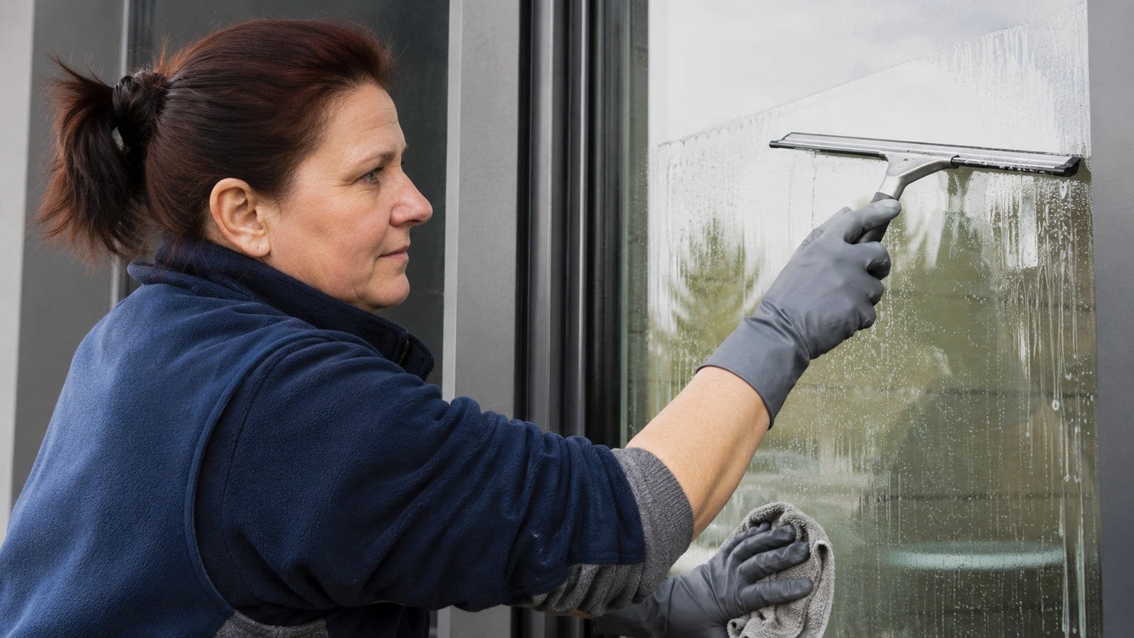Gebäudereinigerin säubert mit einem Abzieher eine Glasfläche