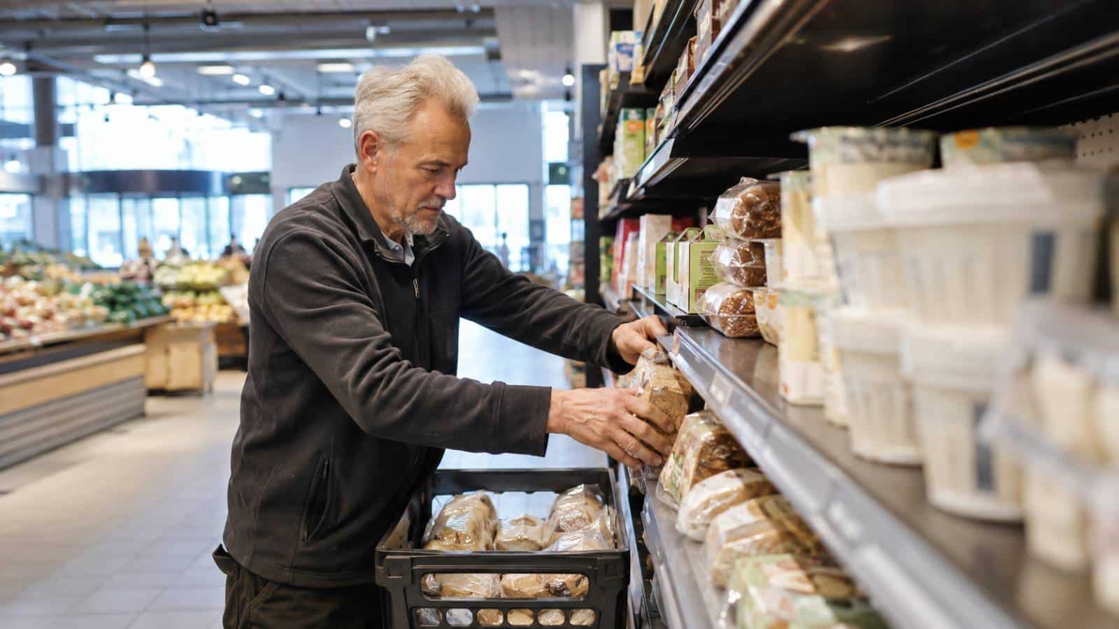 Ein älterer Beschäftigter räumt am frühen Morgen Waren in einem modernen Supermarkt ein.