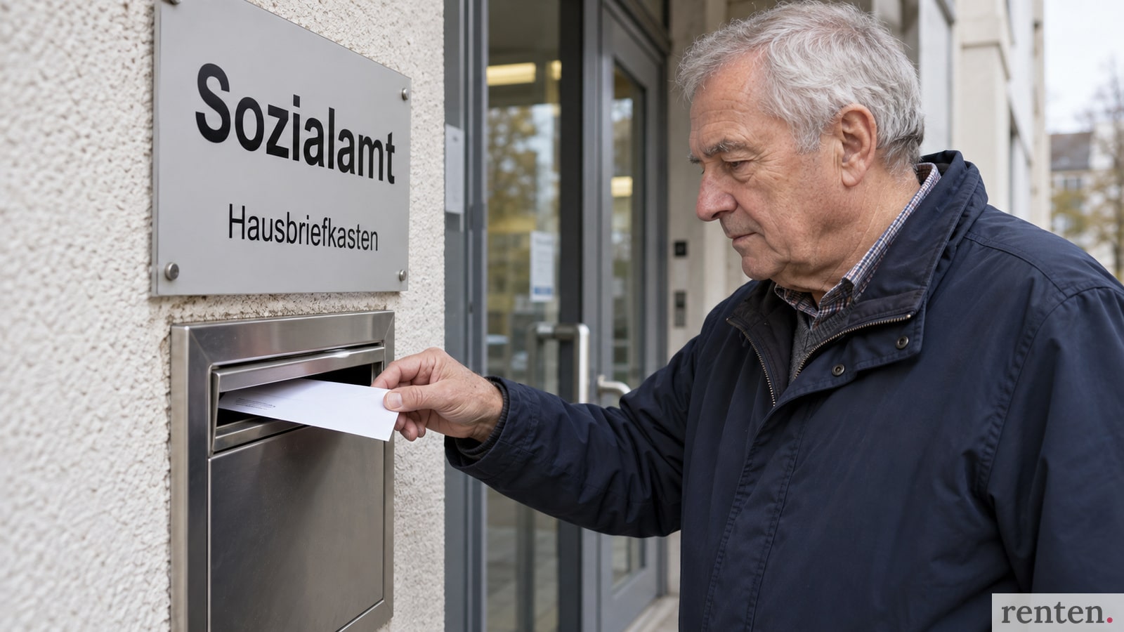 Rentner wirft einen Brief in den Hausbriefkasten des Sozialamts ein.