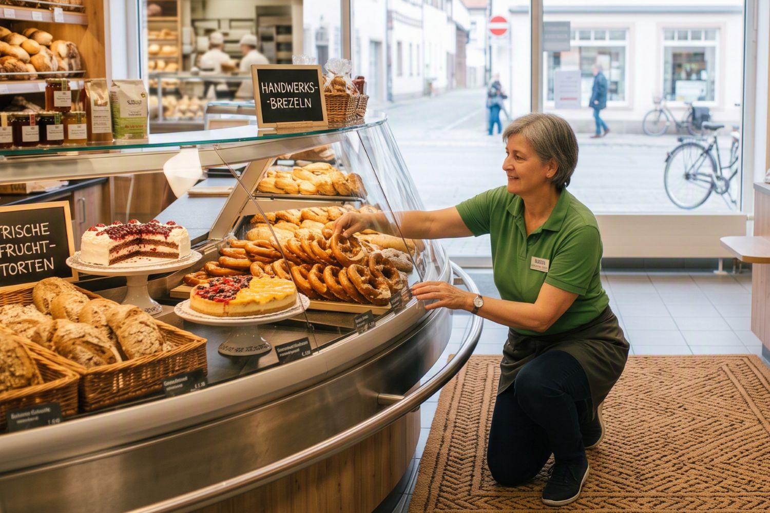 Frau als Minijob-Aushilfe in Bäckerei räumt die Verkaufslade ein