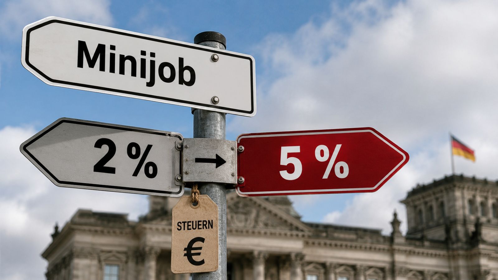 Schilder mit der Aufschrift 2%, 5%, Minijob und Steuern. Im Hintergrund verschwommen der Bundestag