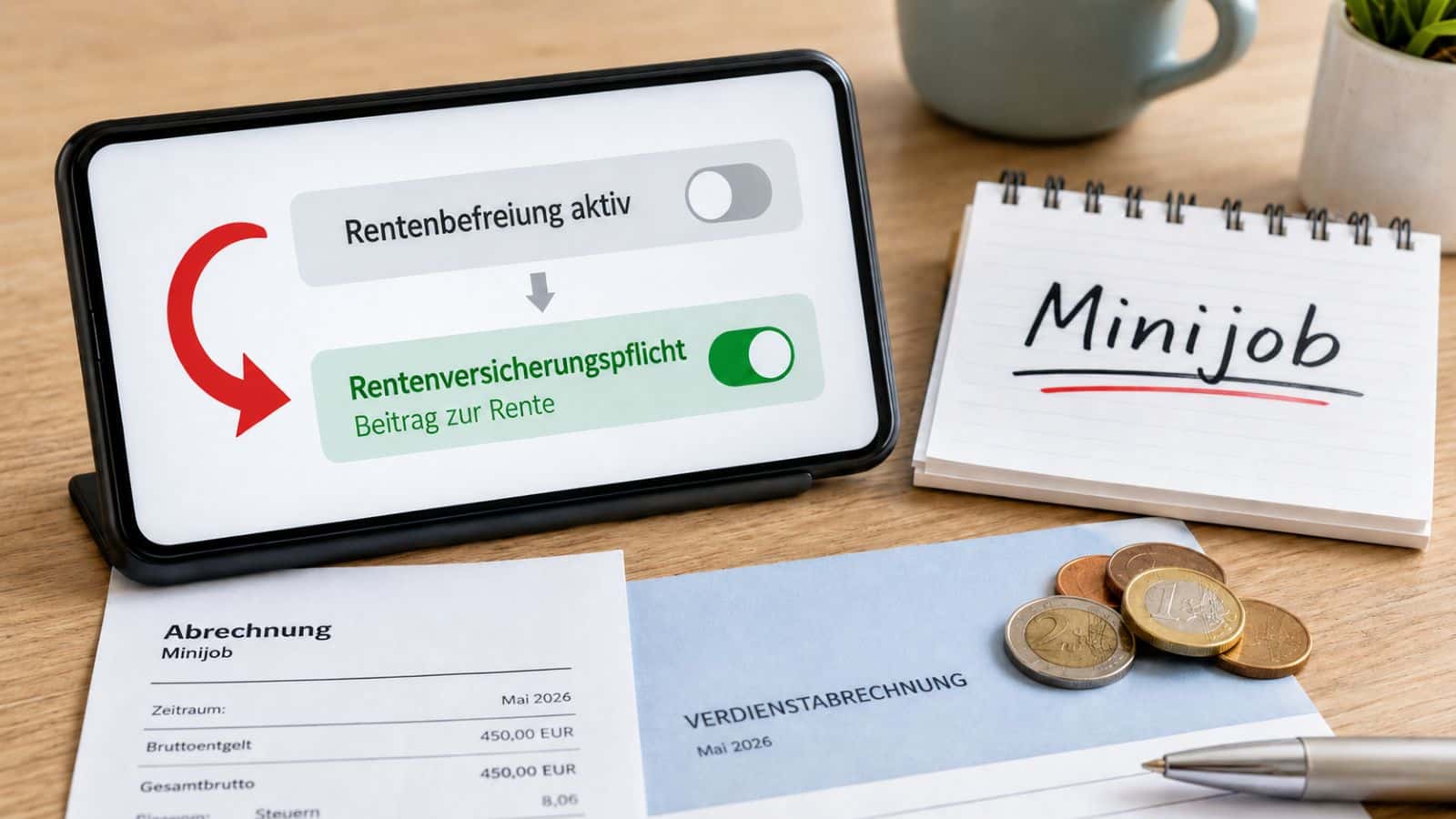 App auf Smartphone mit Wahlschalter zur Rentenbefreiung beim Minijob
