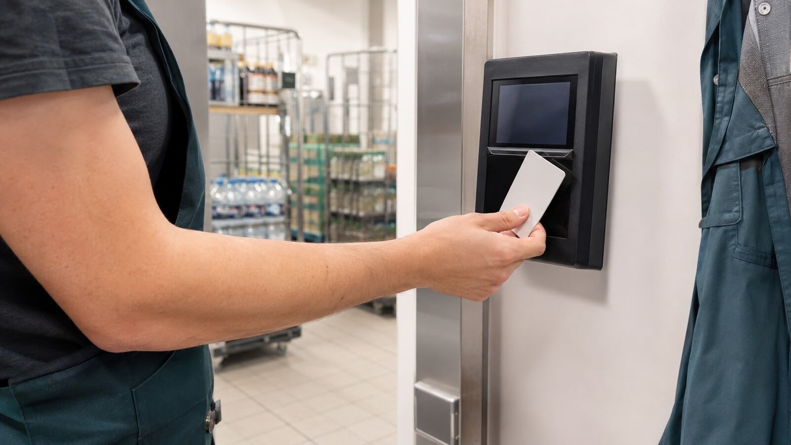 Beim Ausstempeln hält eine Beschäftigte ihre Zugangskarte an ein digitales Zeiterfassungsgerät im Supermarkt.