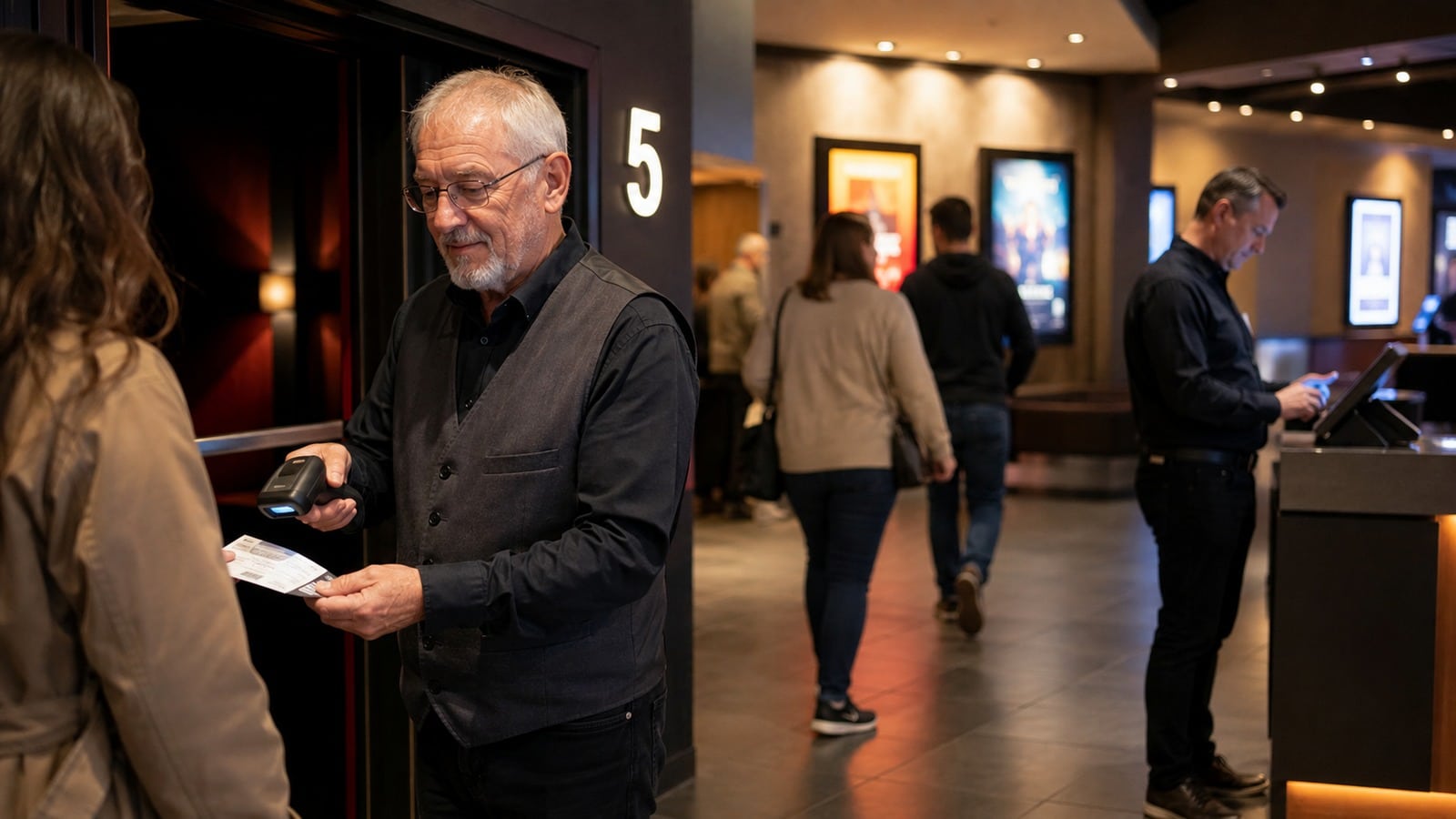 Älterer Minijobber scannt in einem Kino Eintrittskarten, während der Betriebsleiter den Dienstplan prüft