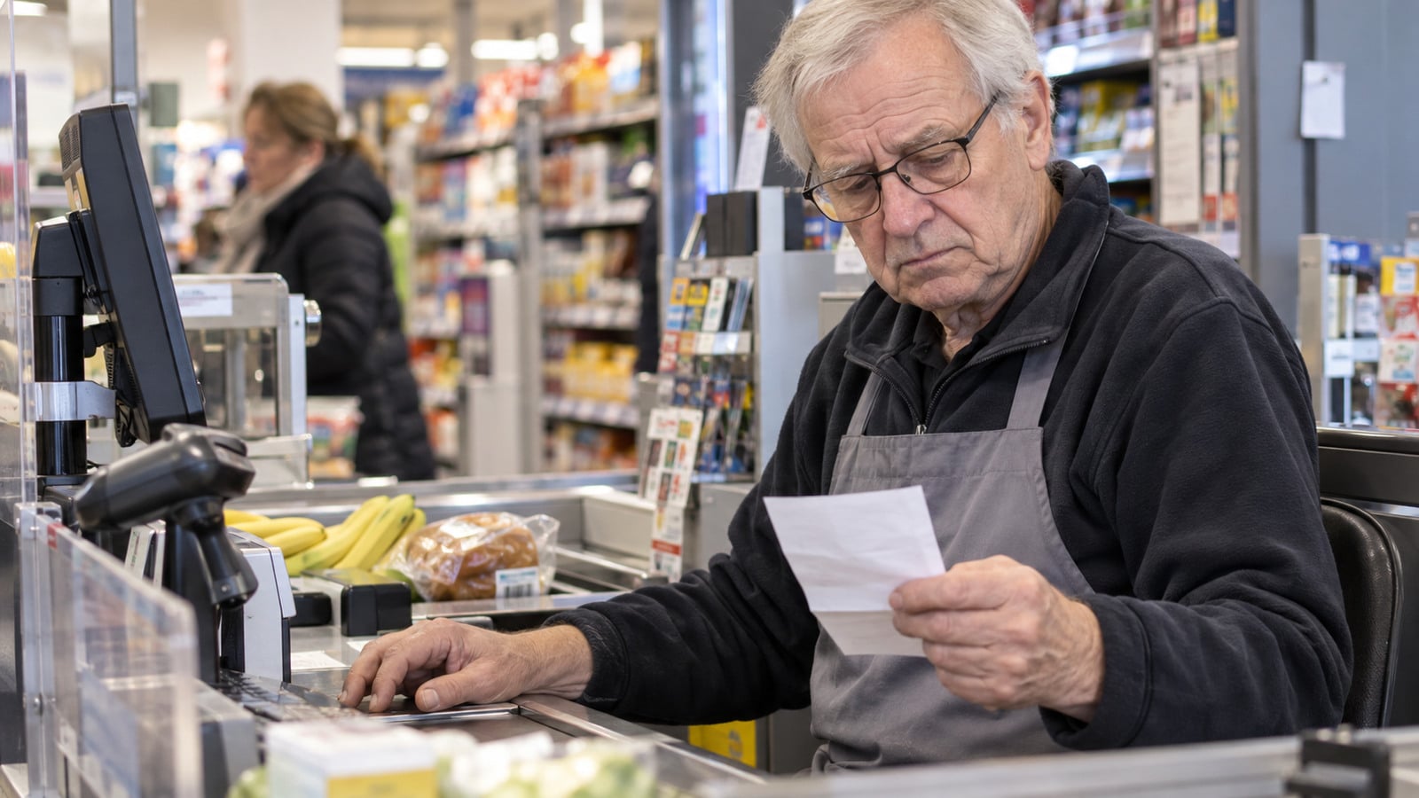 Älterer Minijobber prüft an einer Supermarktkasse seine Lohnabrechnung
