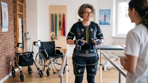 Frau Mitte 40 mit MS probiert einen Neurostimulationsanzug. Im Hintergrund ein Rollator und ein Rollstuhl.