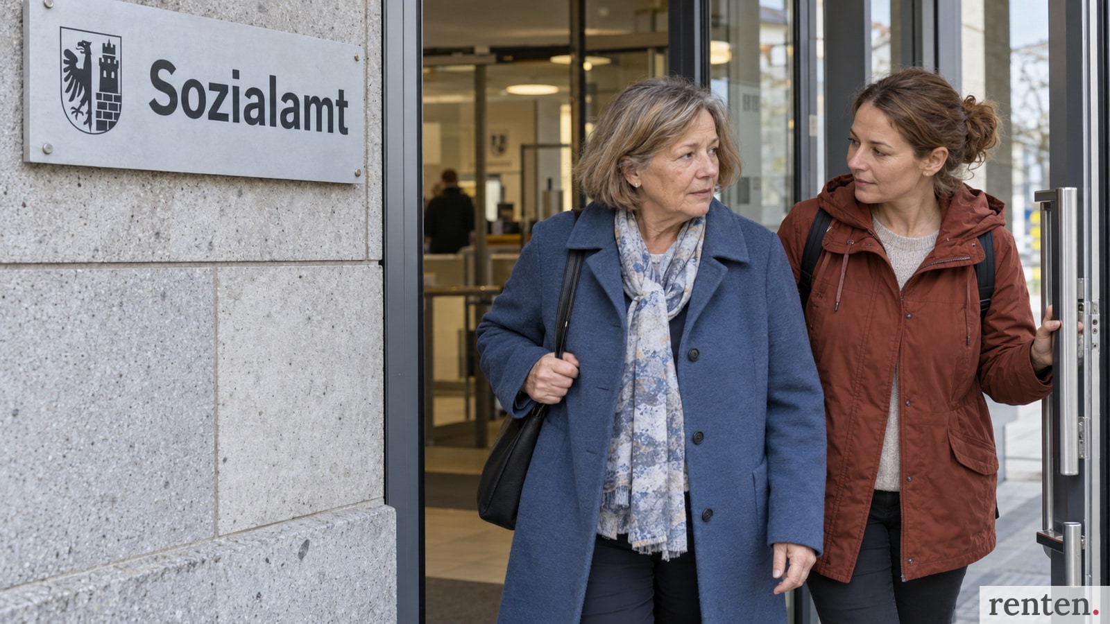Mutter und erwachsene Tochter am Eingang des Sozialamts.
