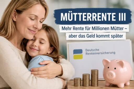 Mutter mit Kind neben Rentenunterlagen und Münzen zur geplanten Mütterrente III ab 2027