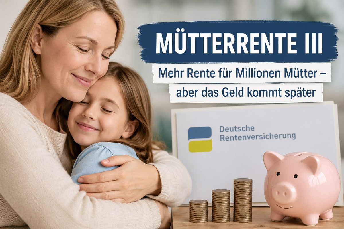 Mutter mit Kind neben Rentenunterlagen und Münzen zur geplanten Mütterrente III ab 2027