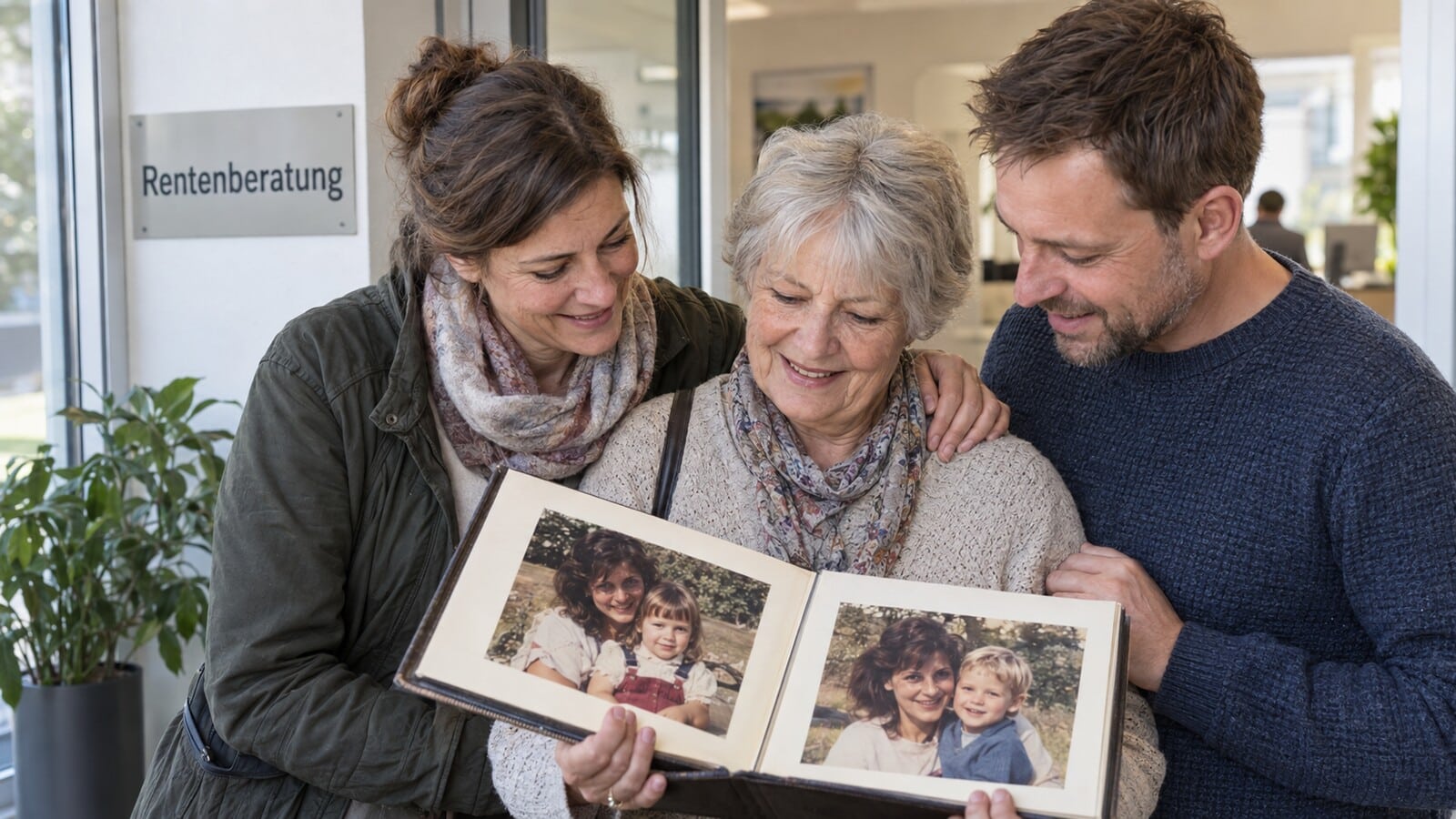 Mutter betrachtet mit ihren erwachsenen Kindern alte Kinderfotos vor einer Rentenberatung
